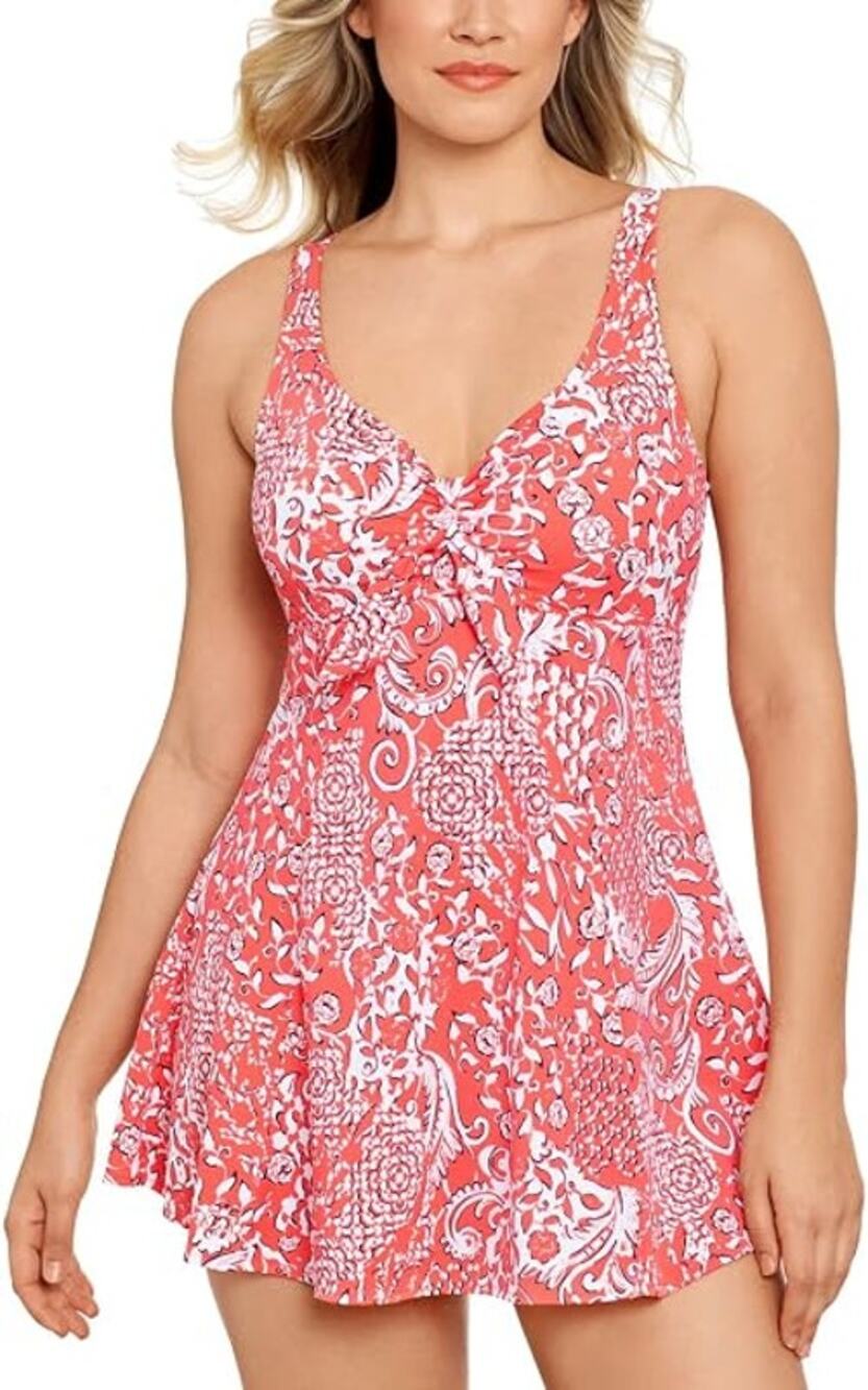 Swim Solutions Coral Printed One-Piece Swim Bathing Suit Dress Women's Size 16 - Picture 1 of 8